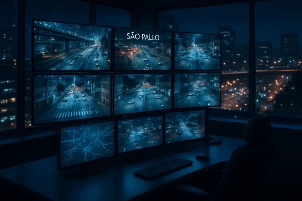 Renderização de estação de monitoramento com câmeras integradas em São Paulo à noite