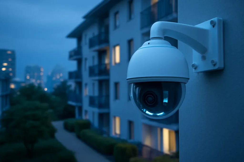 Imagem de uma câmera de CFTV moderna em condomínio ao entardecer, destacando segurança 360 com IA e vigilância avançada